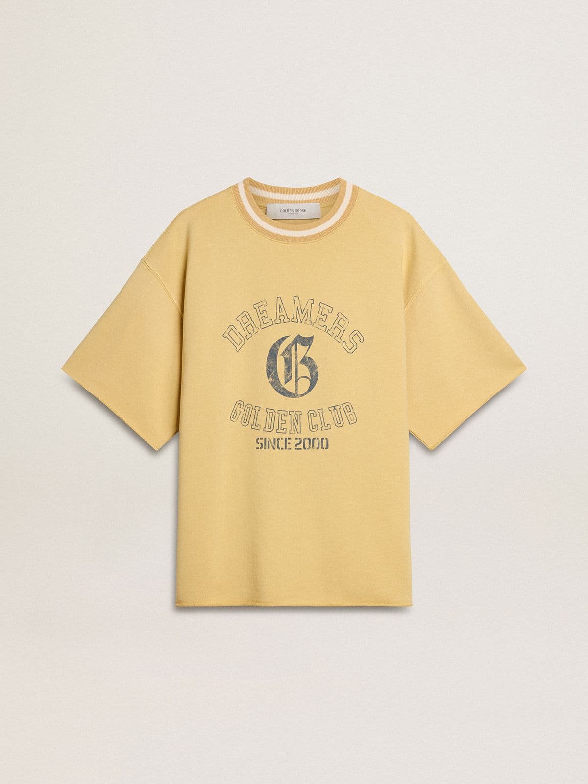 Men's oversized yellow cotton T-shirt with blue print