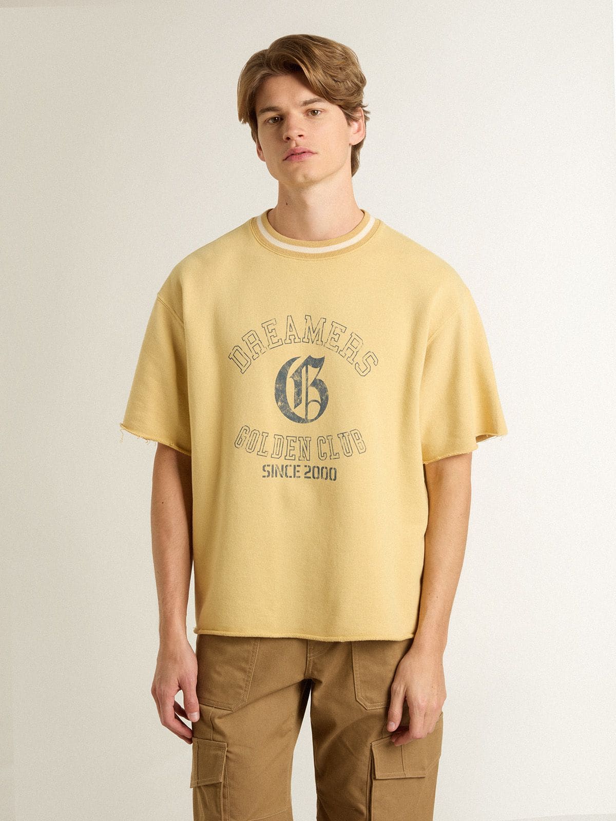 Men's oversized yellow cotton T-shirt with blue print
