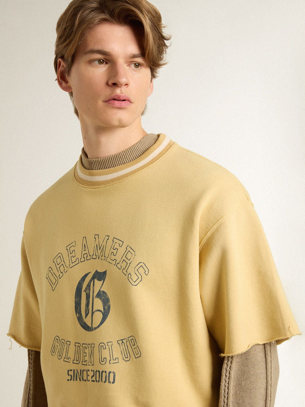 Men's oversized yellow cotton T-shirt with blue print