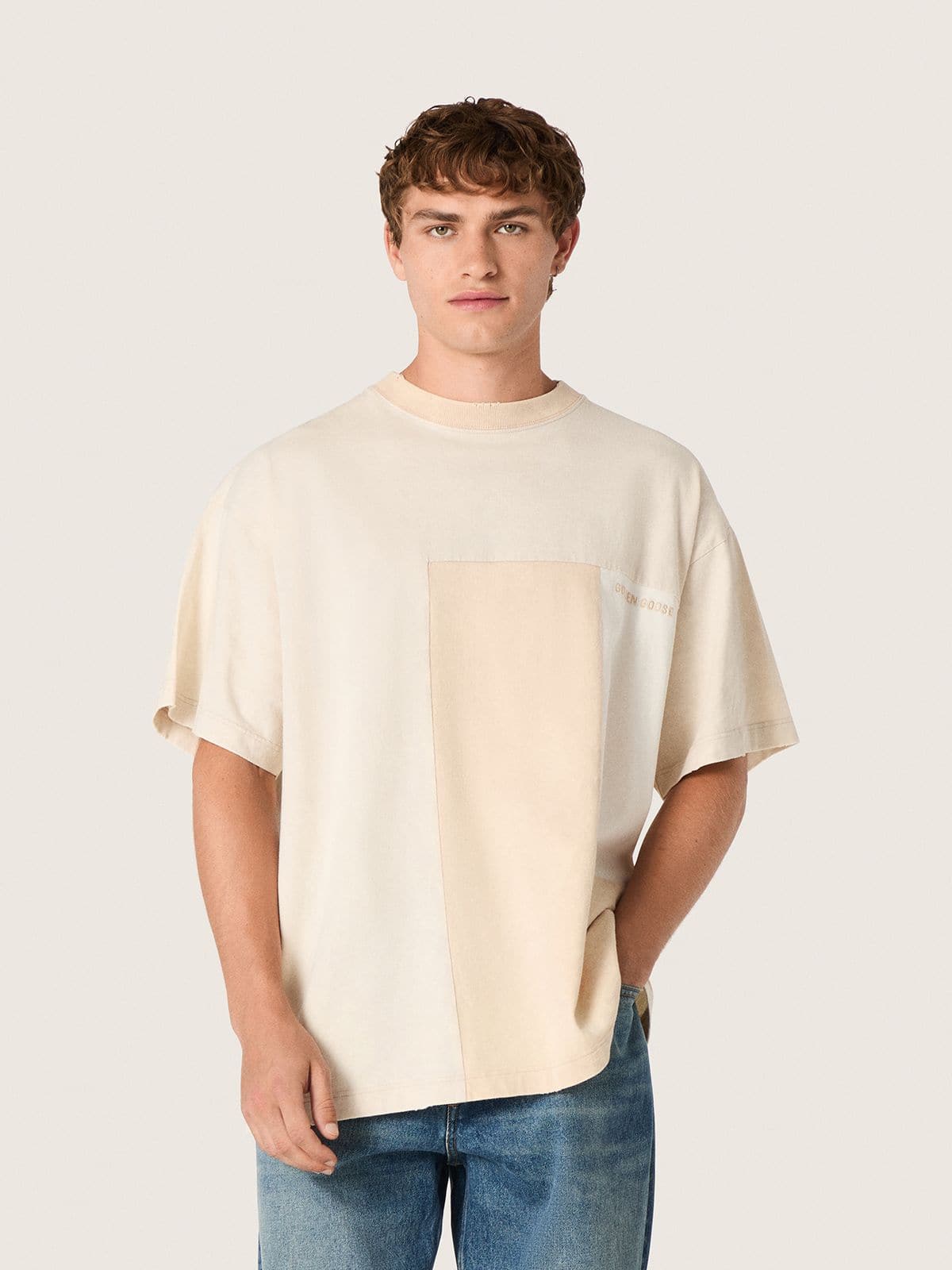 Men's T-shirt in cotton jersey with white and beige patchwork effect