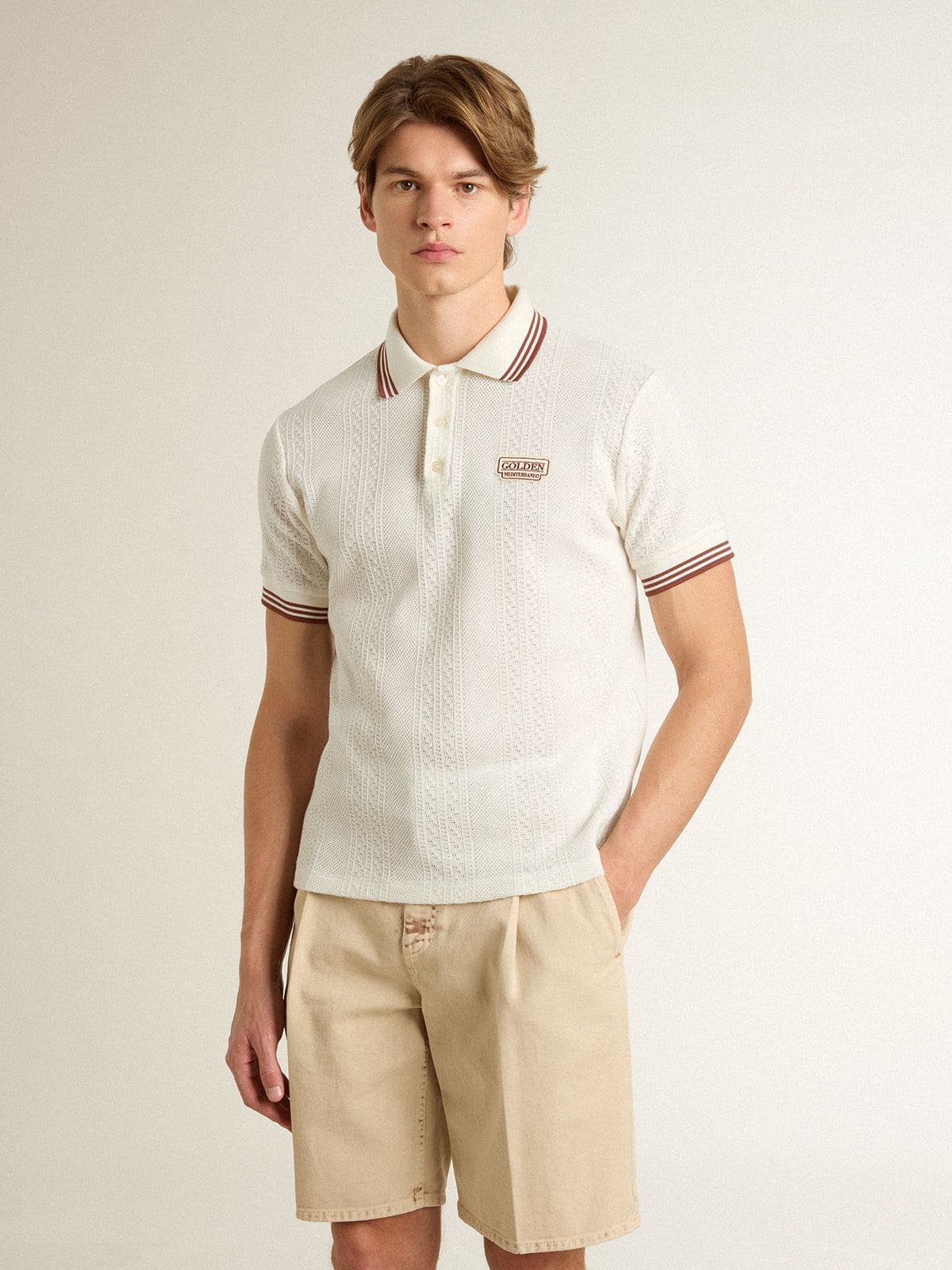 Men's polo shirt in white perforated knit with burgundy striped details