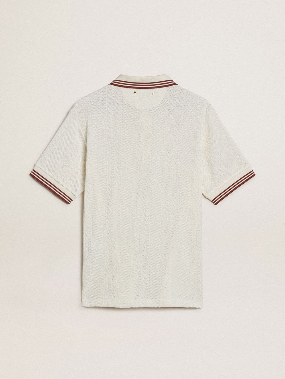 Men's polo shirt in white perforated knit with burgundy striped details
