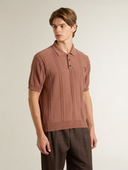 Men's brick-colored polo with embroidered logo.