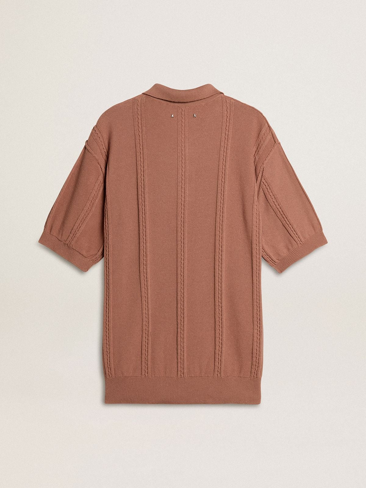 Men's brick-colored polo with embroidered logo.