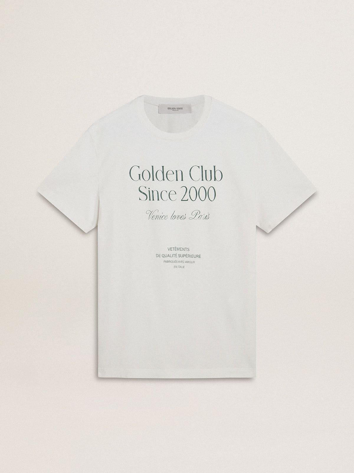 Men's white cotton T-shirt with green print