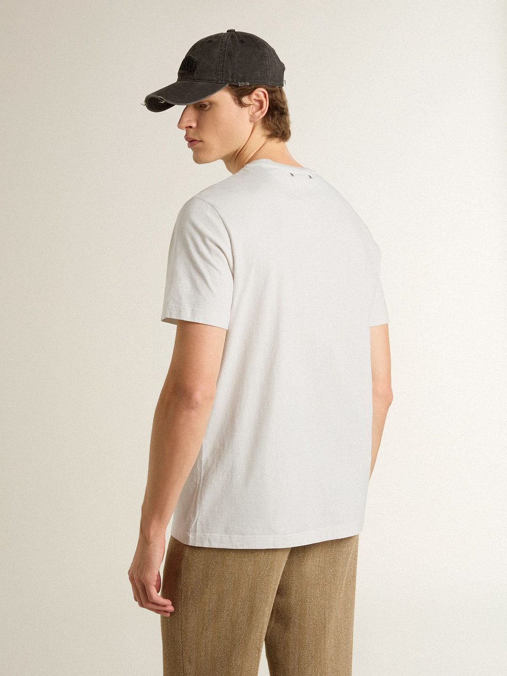 Men's white cotton T-shirt with green print