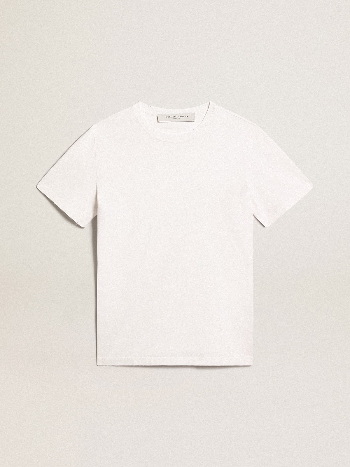 Men's white T-shirt with distressed treatment