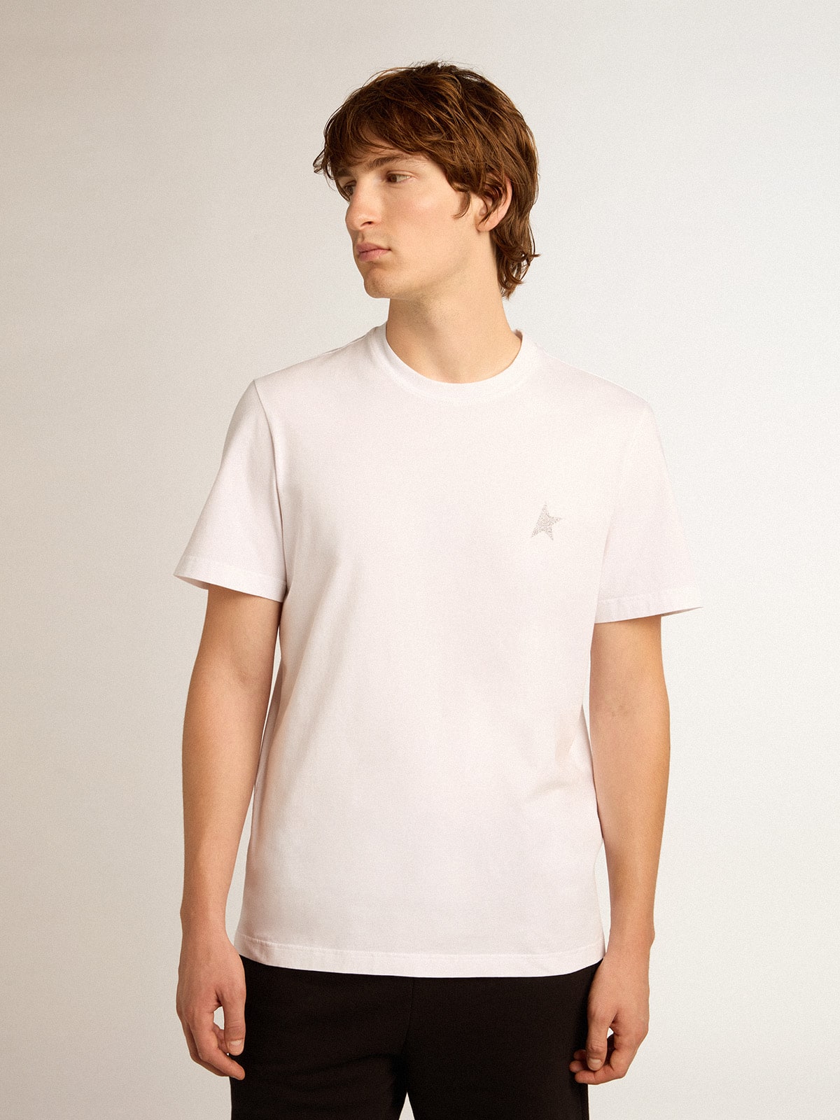 Men's white T-shirt with silver glitter star on the front