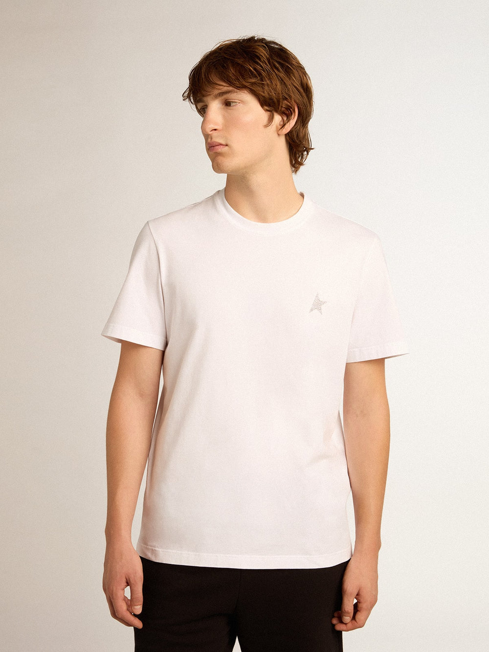 Men's white T-shirt with silver glitter star on the front