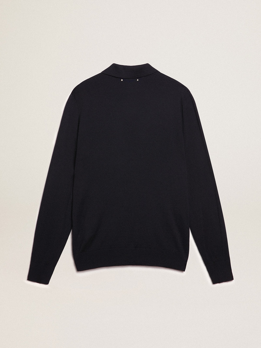 Men’s long-sleeved polo shirt in navy-blue merino wool