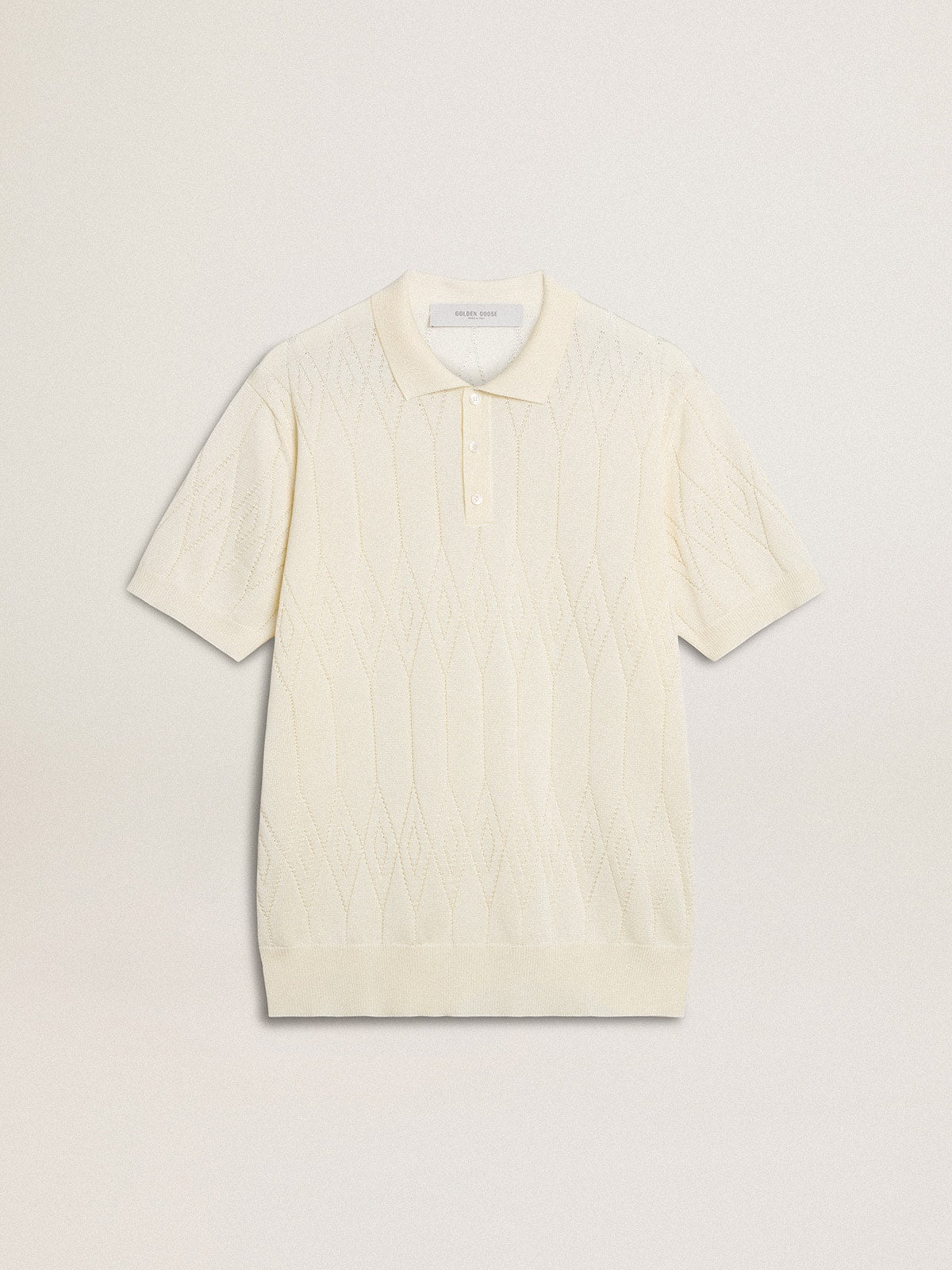Men's white jacquard knit polo shirt