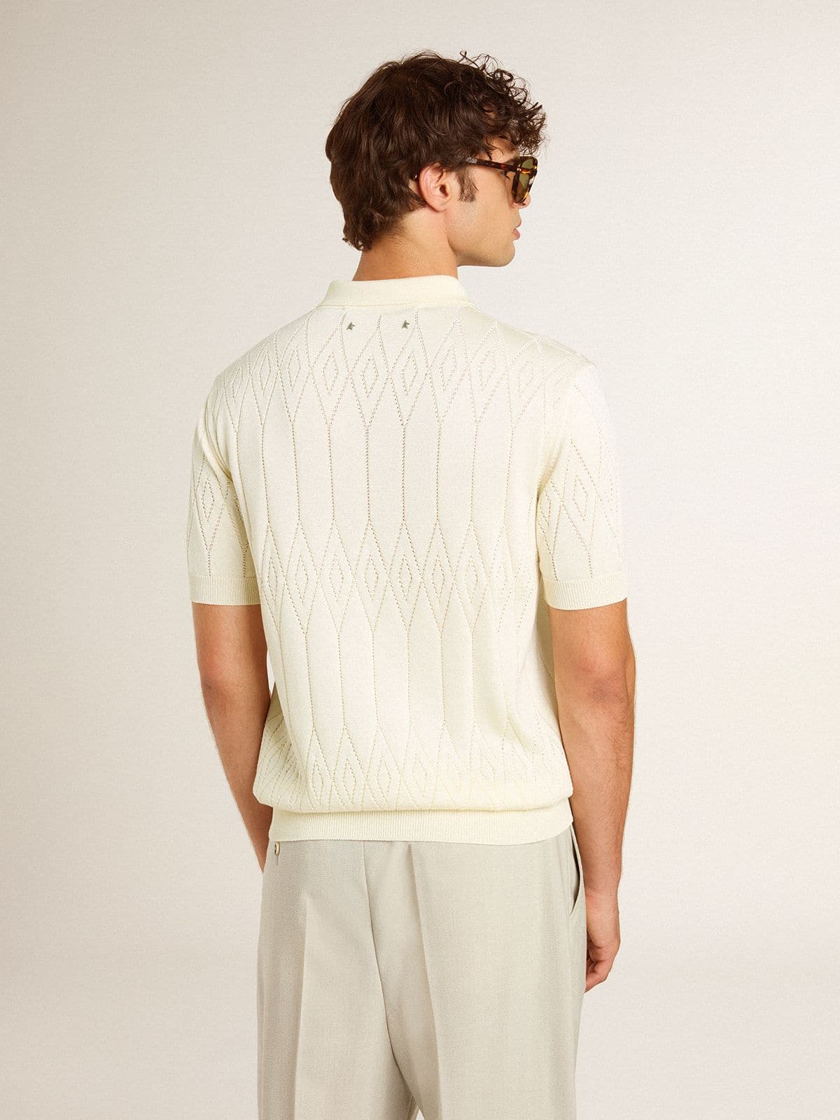 Men's white jacquard knit polo shirt