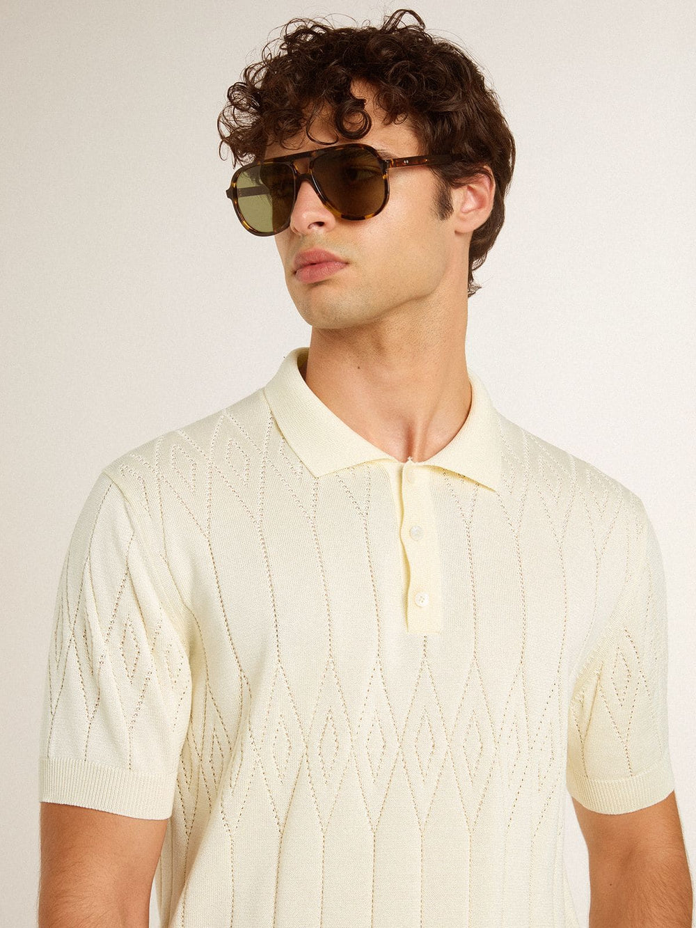 Men's white jacquard knit polo shirt
