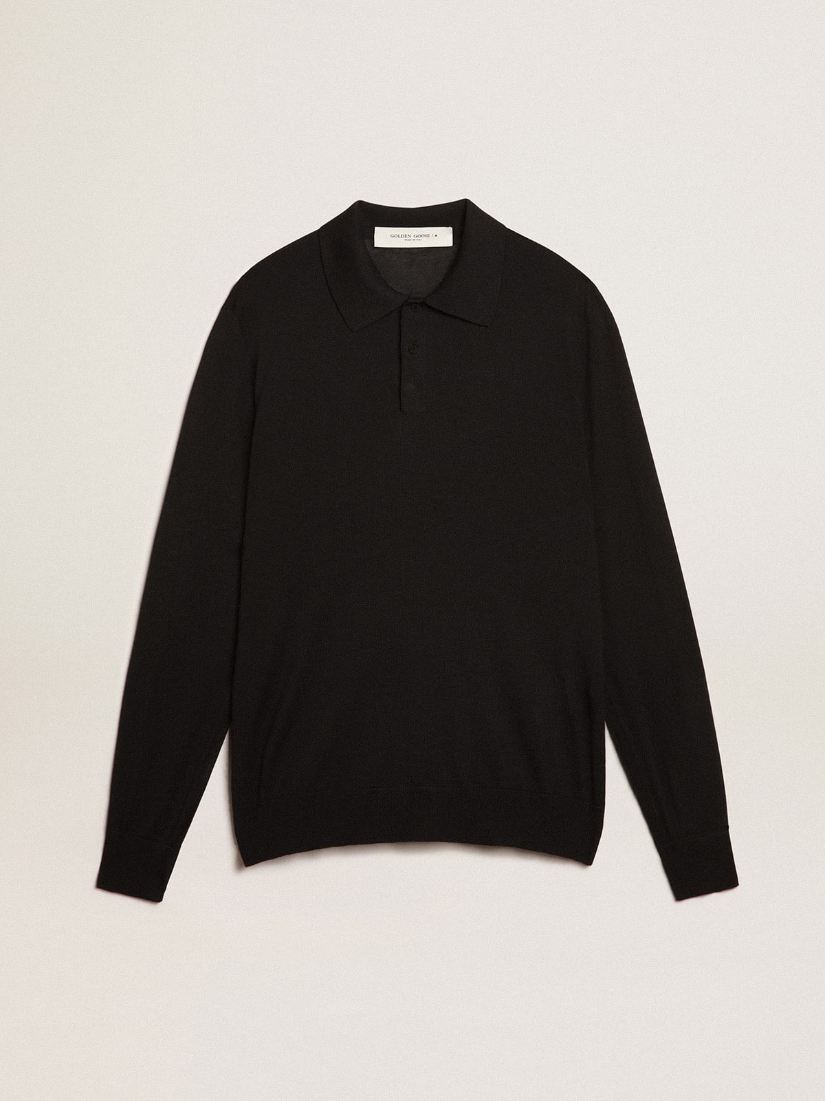 Men’s long-sleeved polo shirt in black merino wool