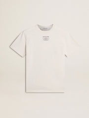 Men's worn-white cotton T-shirt with black lettering