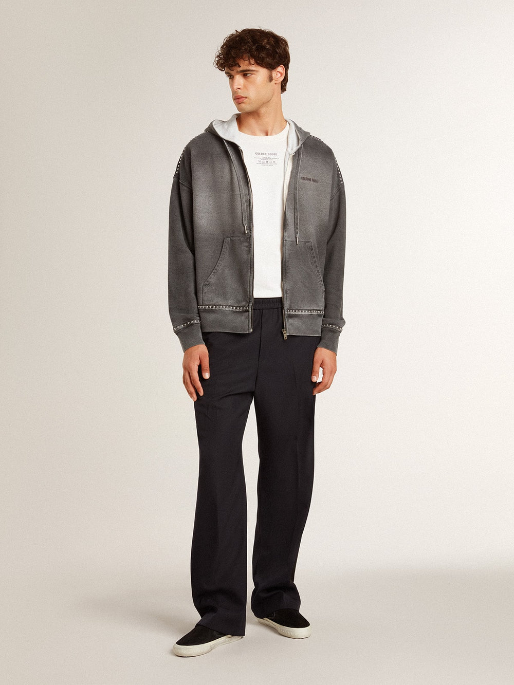 Men's worn-white cotton T-shirt with black lettering