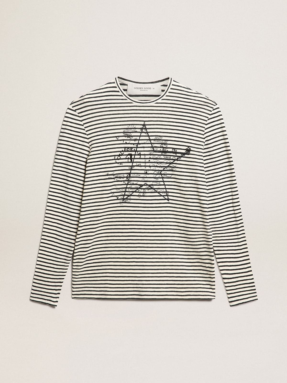 Men's T-shirt with white and blue stripes and embroidery on the front
