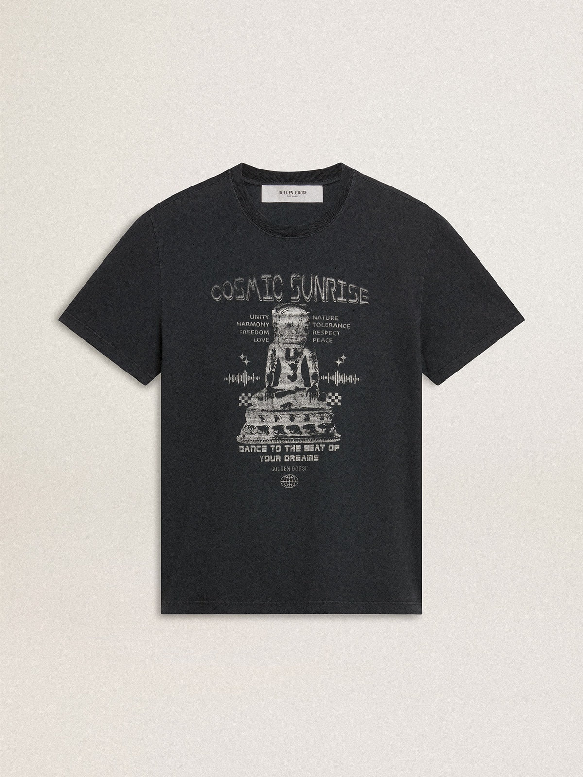Men’s worn-black cotton T-shirt with print on the front