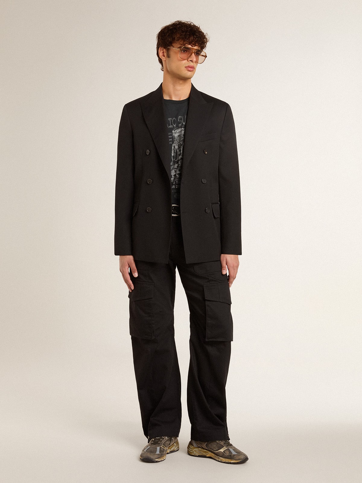 Men’s worn-black cotton T-shirt with print on the front