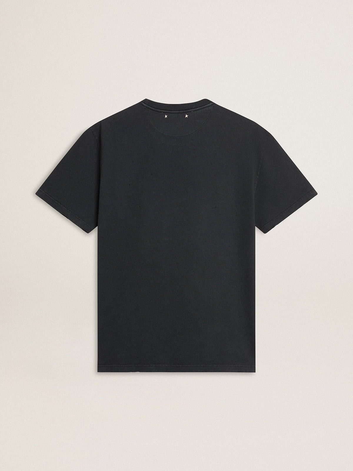Men’s worn-black cotton T-shirt with print on the front