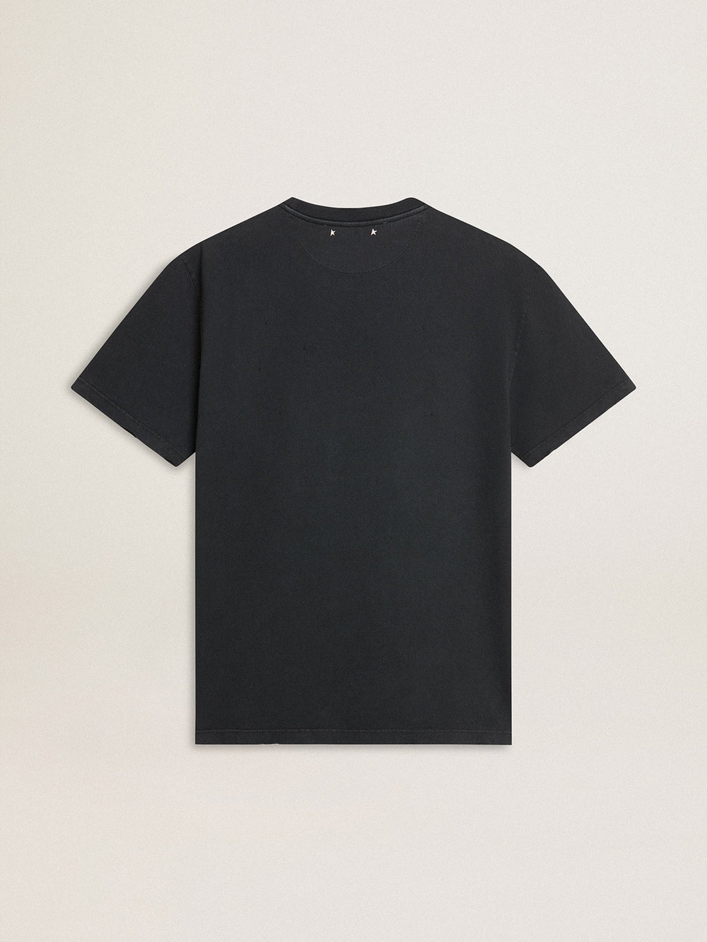Men’s worn-black cotton T-shirt with print on the front
