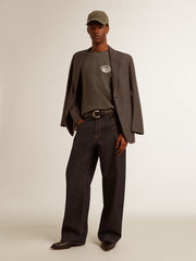 Men's long-sleeved T-shirt in anthracite gray cotton with logo on the back