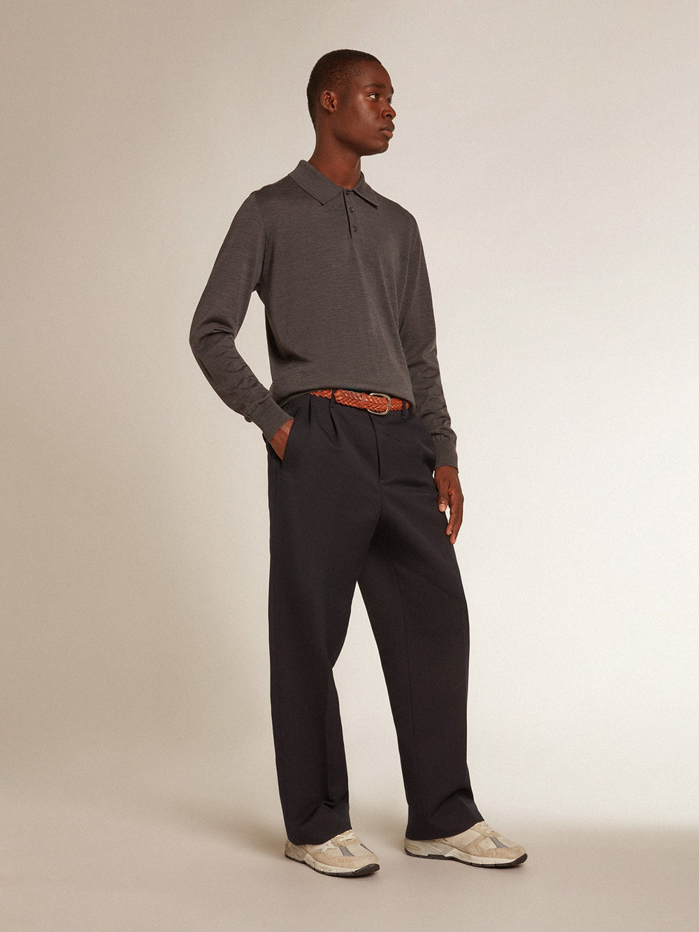 Men’s long-sleeved polo shirt in gray merino wool