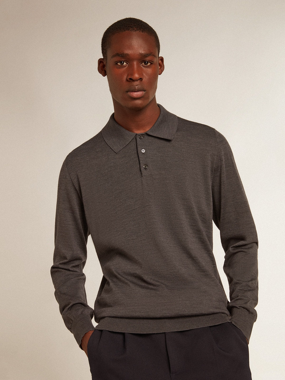 Men’s long-sleeved polo shirt in gray merino wool