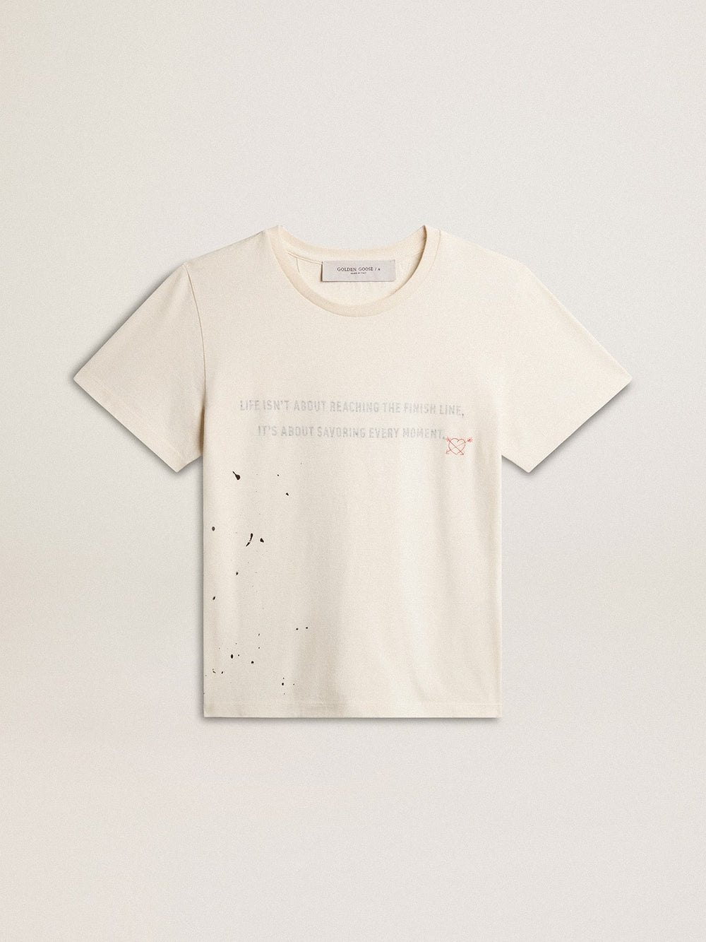 Men's T-shirt in aged white cotton with print and embroidery