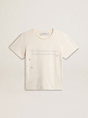 Men's T-shirt in aged white cotton with print and embroidery