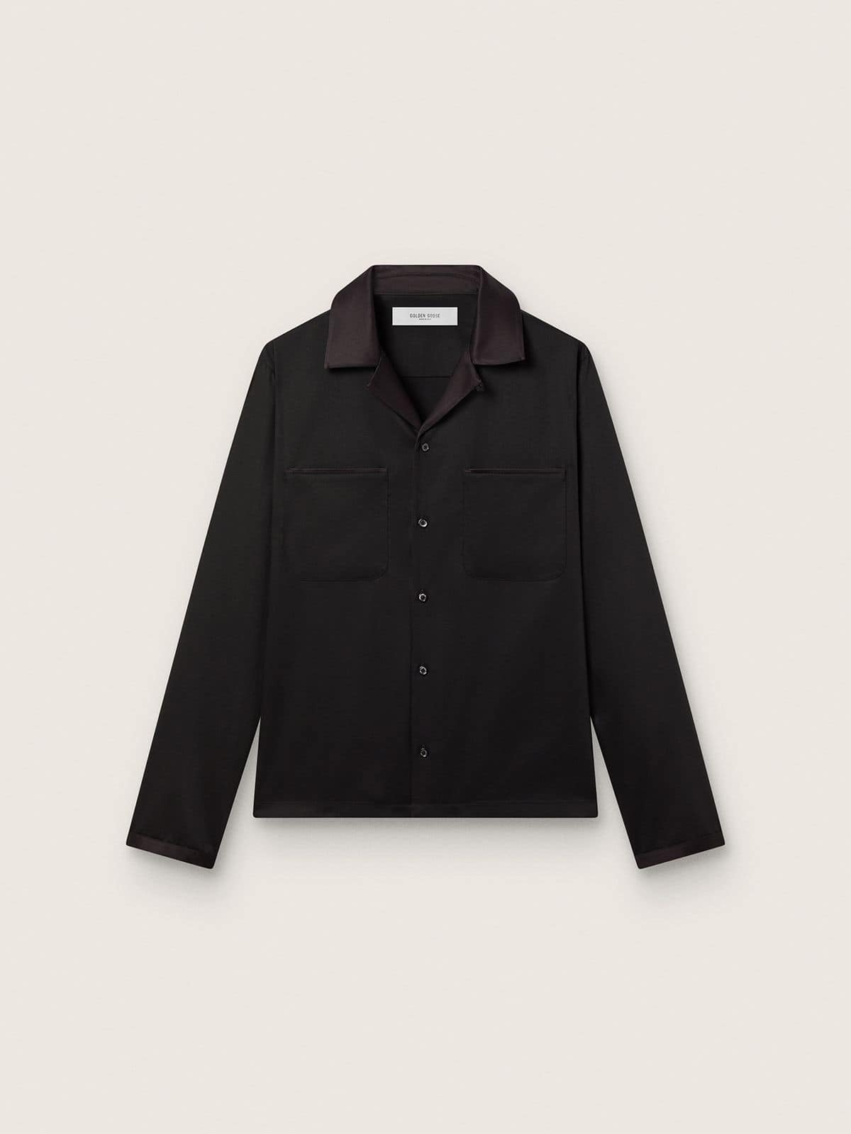 Men's shirt in black wool twill with black satin details
