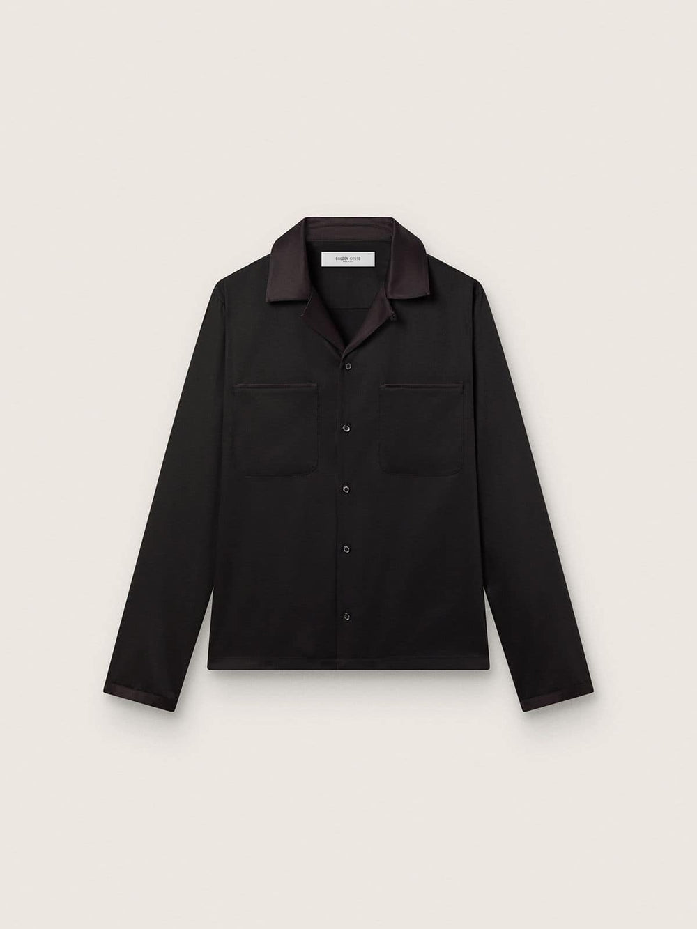 Men's shirt in black wool twill with black satin details