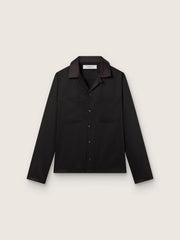 Men's shirt in black wool twill with black satin details