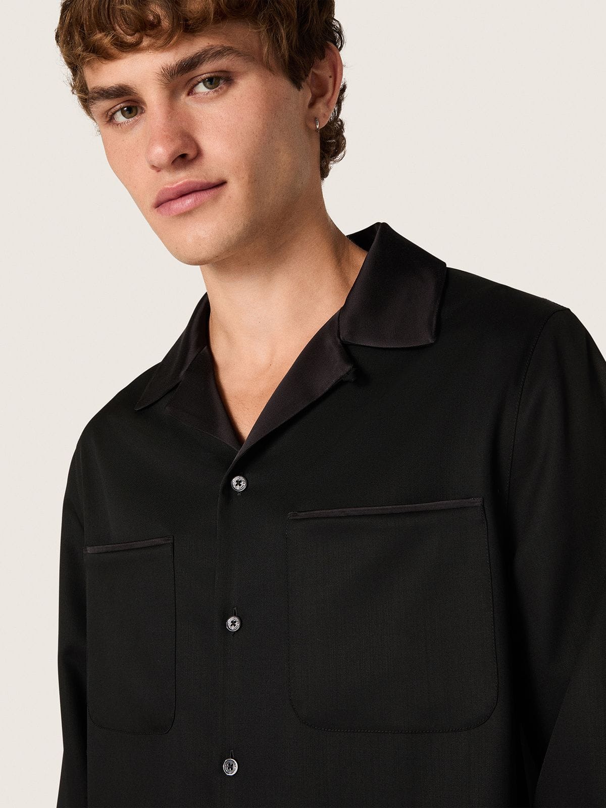 Men's shirt in black wool twill with black satin details