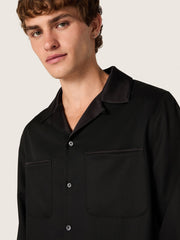Men's shirt in black wool twill with black satin details