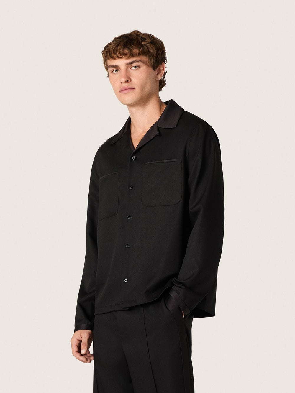 Men's shirt in black wool twill with black satin details
