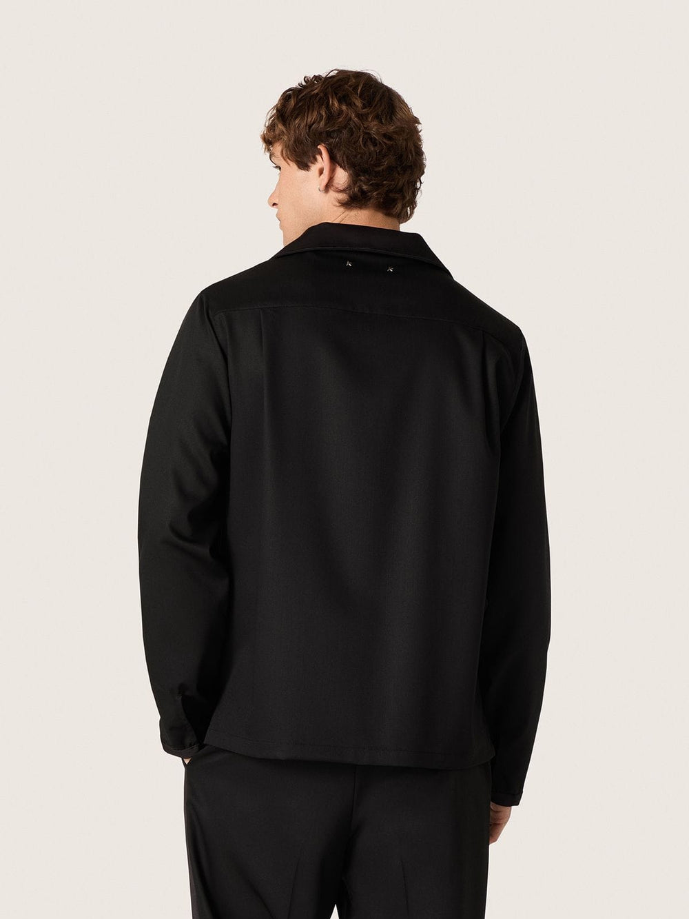 Men's shirt in black wool twill with black satin details