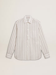 Men's white cotton shirt with fine burgundy stripes