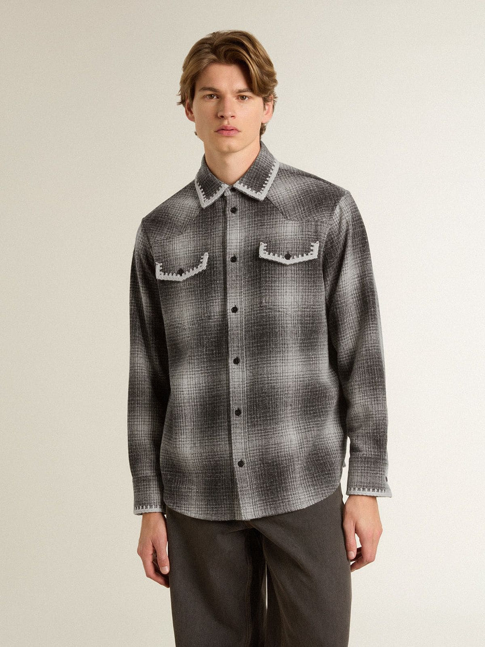 Men's gray shirt with white embroidery