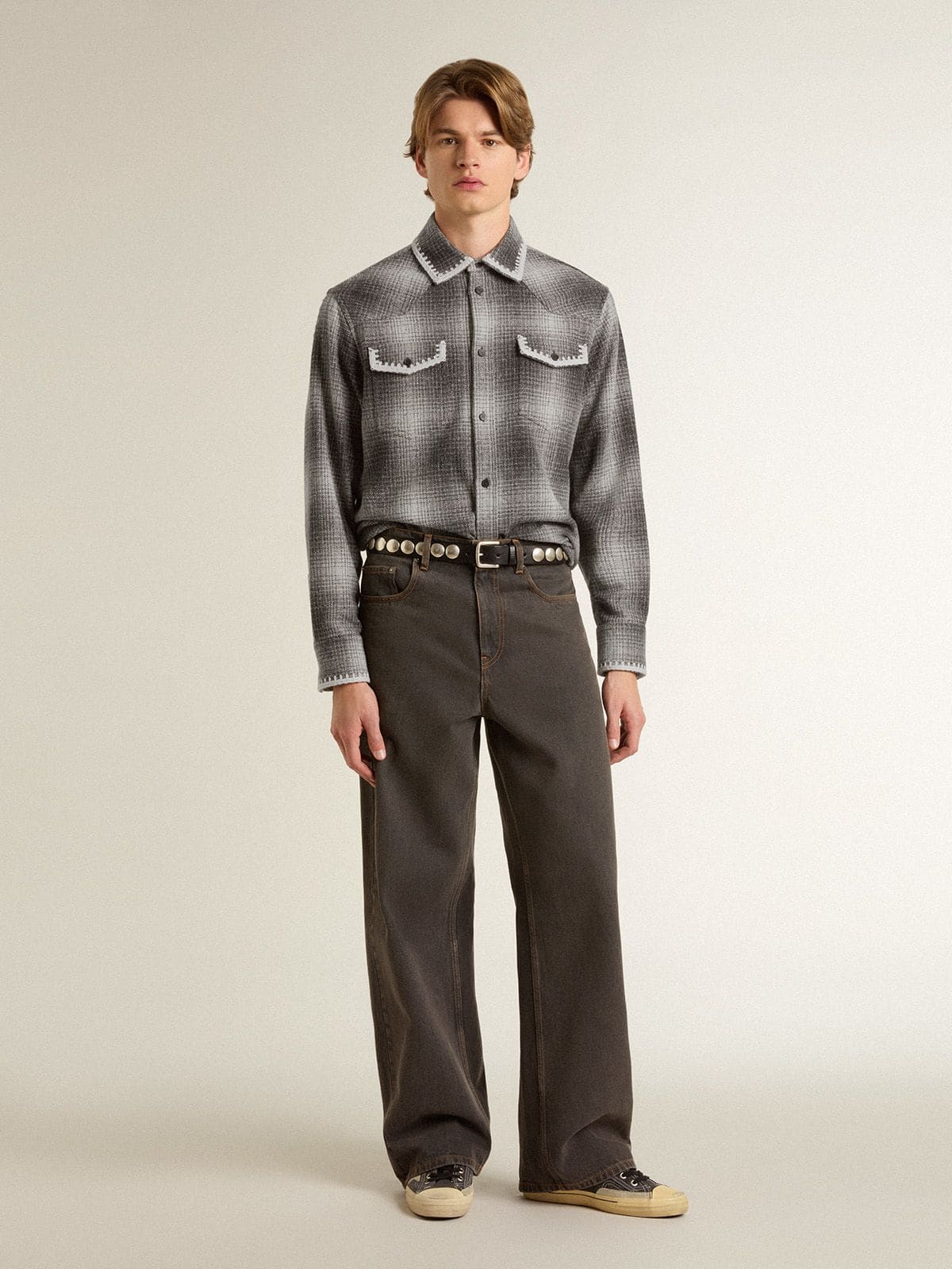 Men's gray shirt with white embroidery
