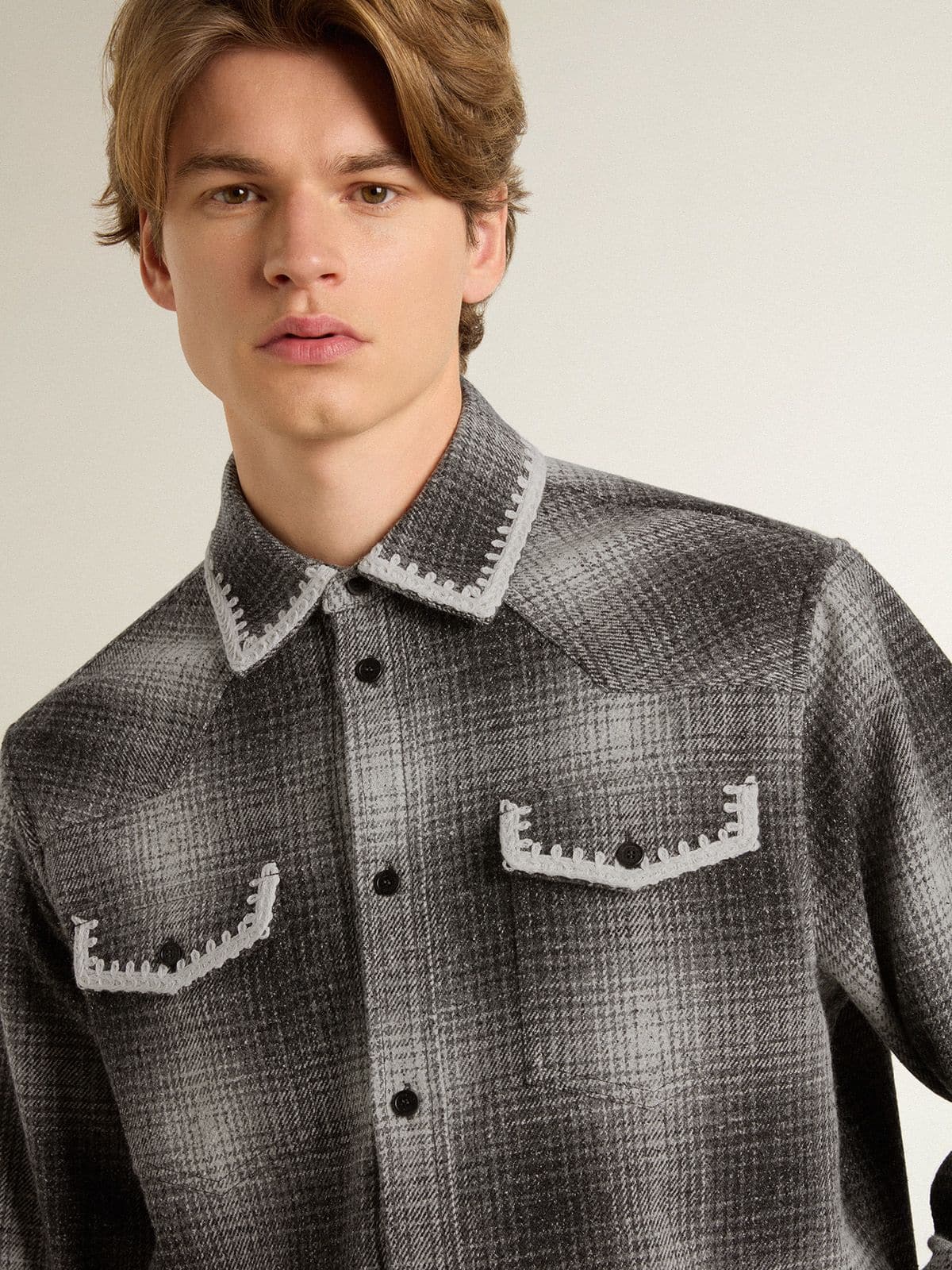 Men's gray shirt with white embroidery
