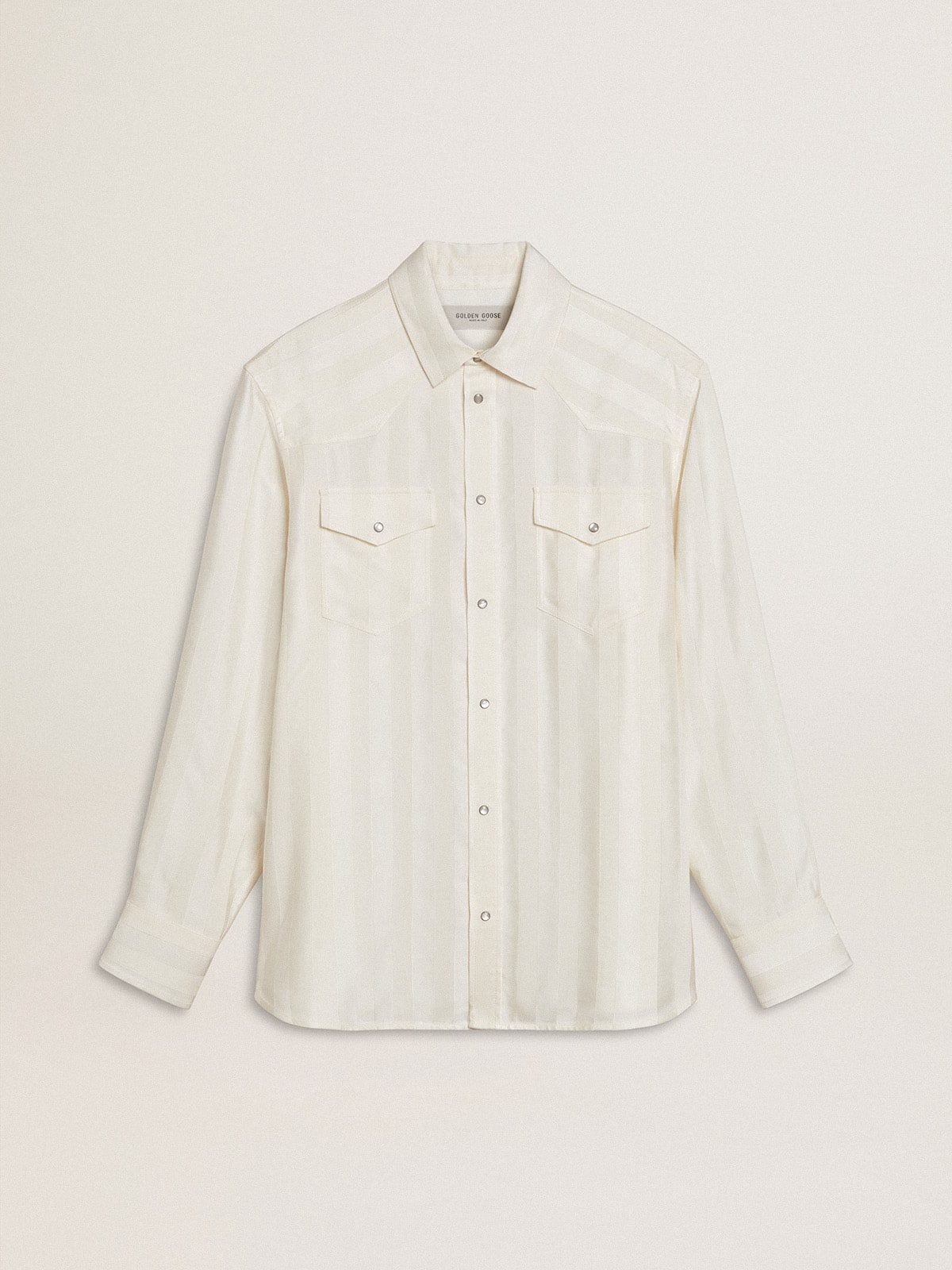 Men’s oversized worn-white shirt with vertical stripes