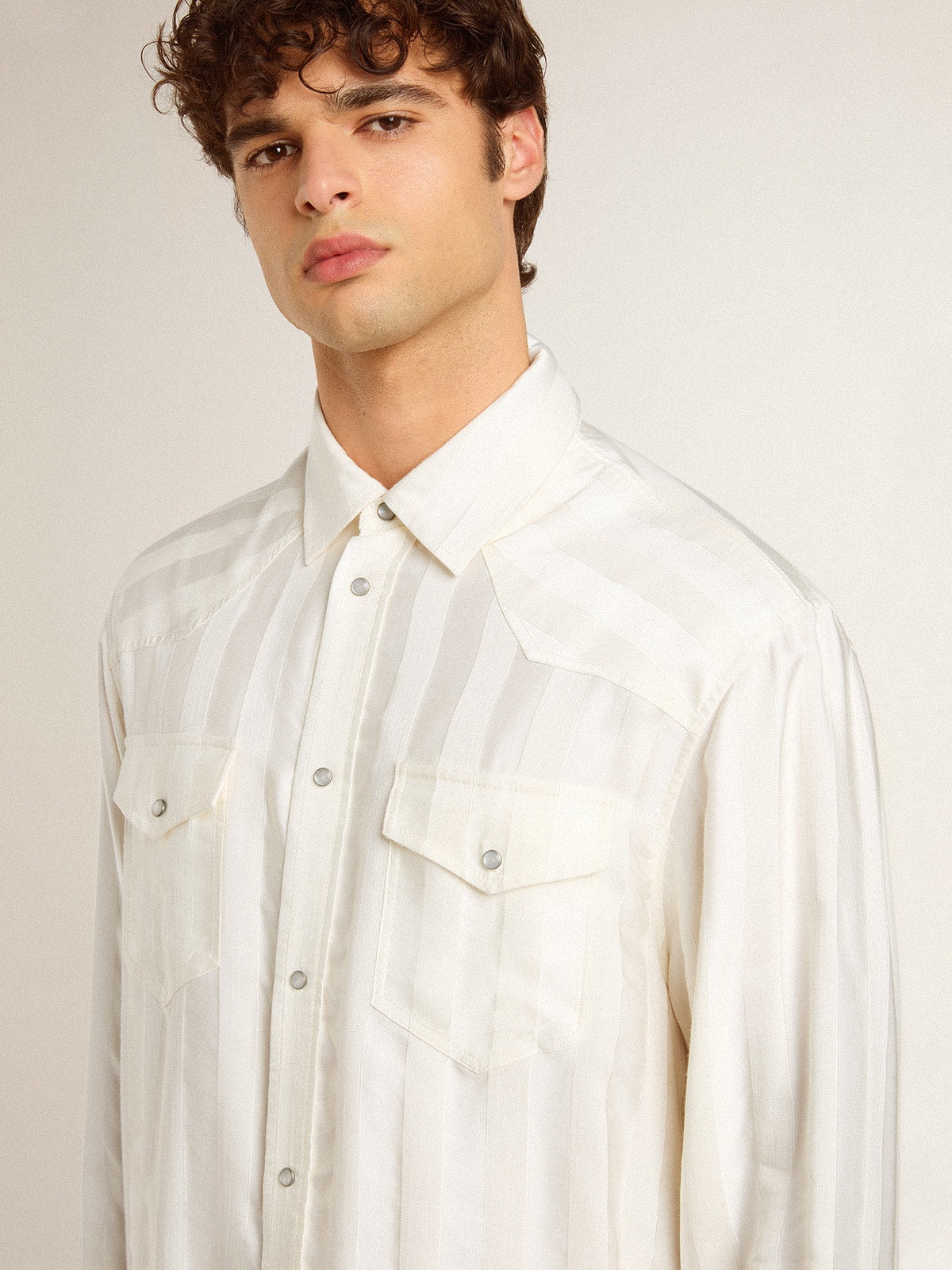 Men’s oversized worn-white shirt with vertical stripes