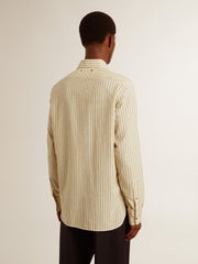 Men’s ecru cotton shirt with narrow black stripes