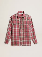 sand and gray check embroidery Boxy fit shirt with pink
