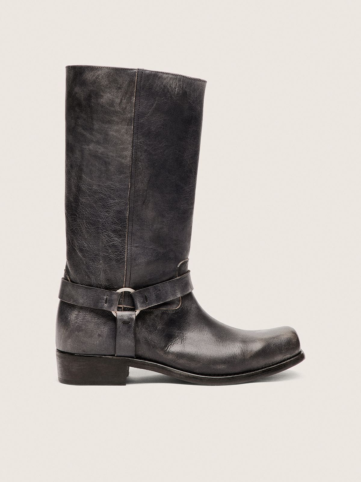 Men's high Biker boots in black leather with strap and silver-colored buckle