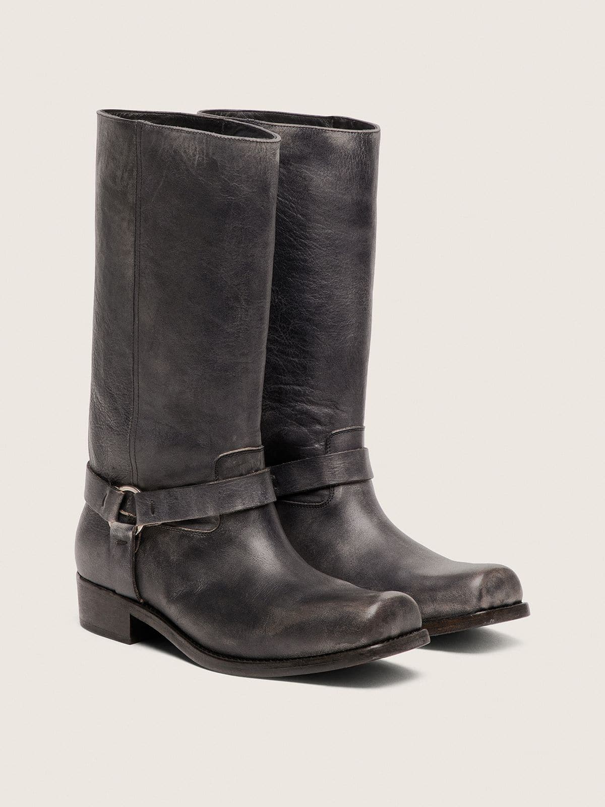 Men's high Biker boots in black leather with strap and silver-colored buckle
