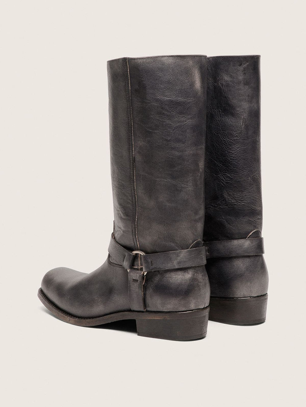 Men's high Biker boots in black leather with strap and silver-colored buckle