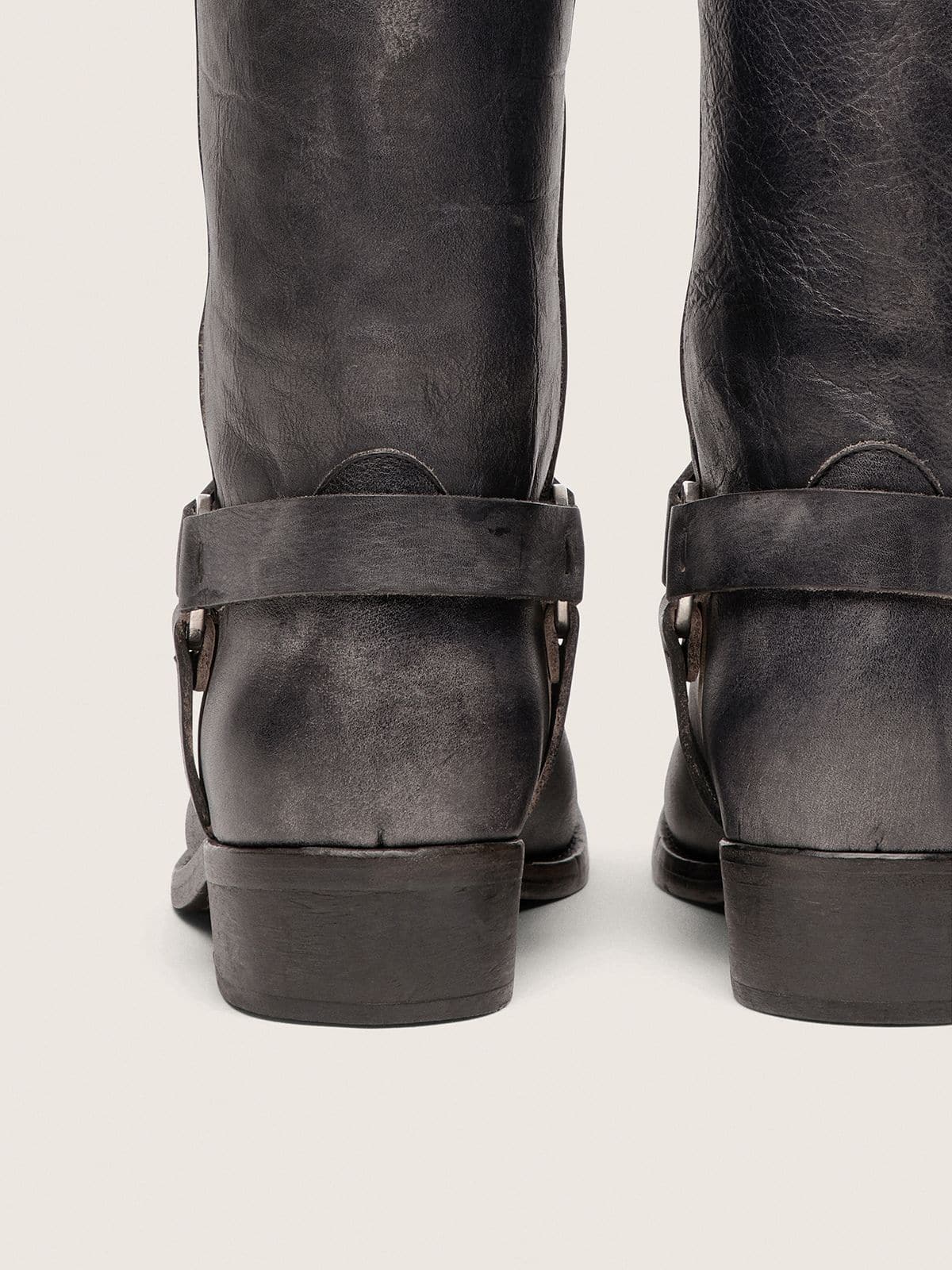 Men's high Biker boots in black leather with strap and silver-colored buckle