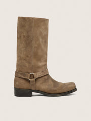 Men's high Biker boots in dark beige waxed suede with strap and a silver-colored buckle